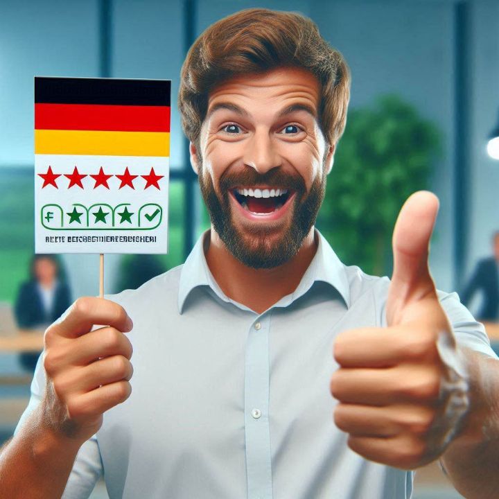 Ein glücklicher Mitarbeiter in Deutschland gibt eine positive Bewertung für Personalvermittlung ab.